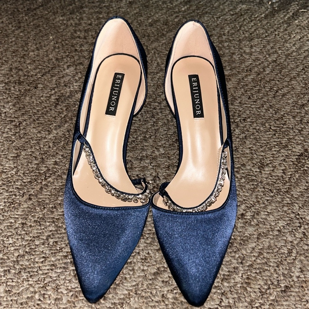 Erijunor Navy Satin Pointed Toe Crystal Accent Heels